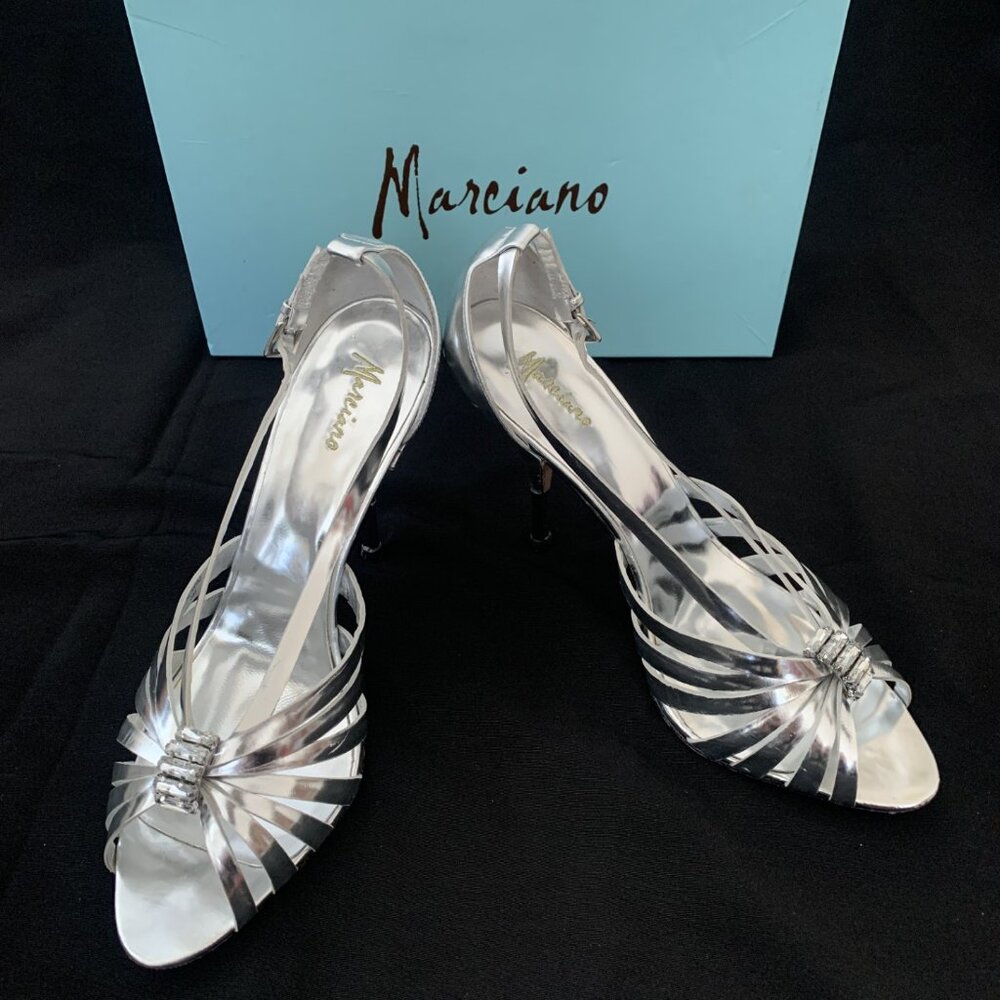 Marciano Silver Leather Sandal Heel Size 9